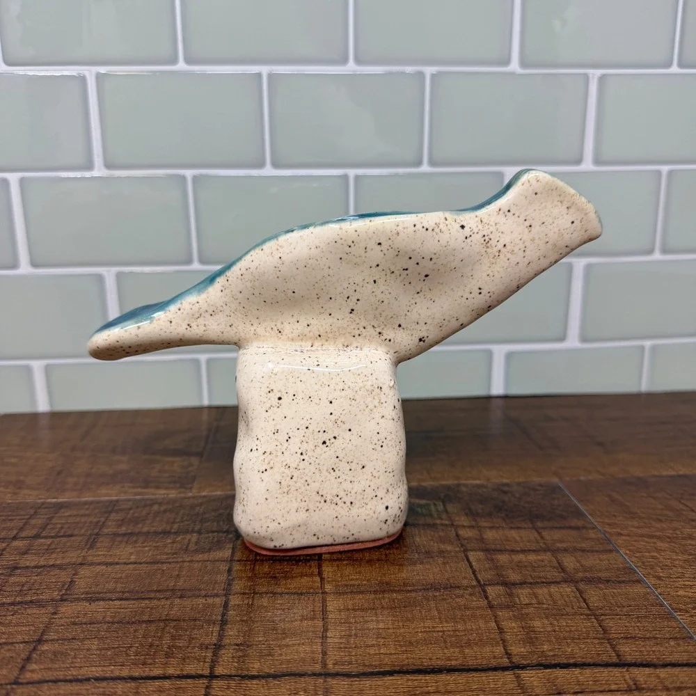West Elm Speckled Ceramic Bird Figurine Aqua Blue Glaze Modernist Sculpture